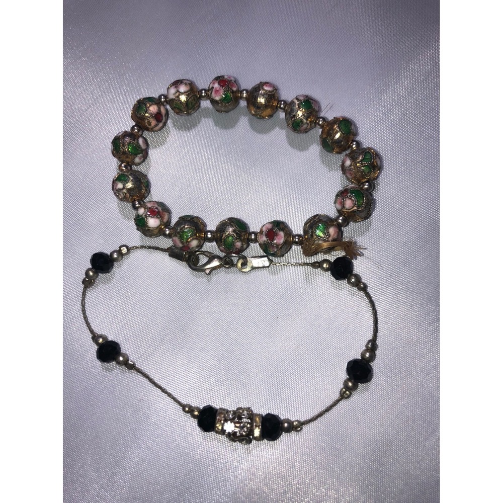 Vintage Cloisonne Floral Enamel Bead & Black Crystal Beaded Bracelet Set